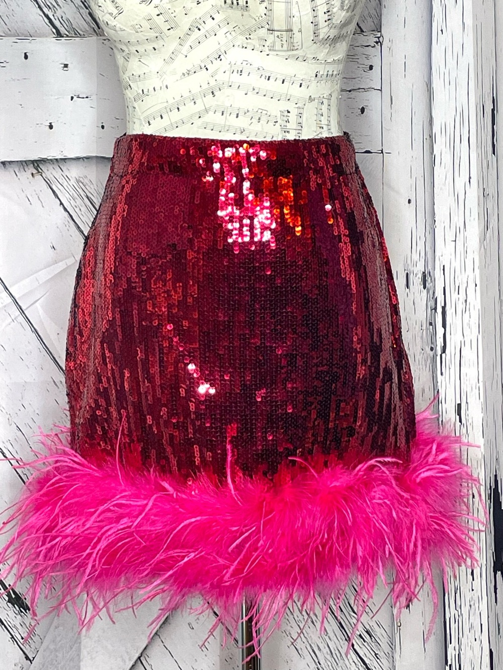 Judith March Red Sequin Mini Skirt with Pink Feather Trim M
